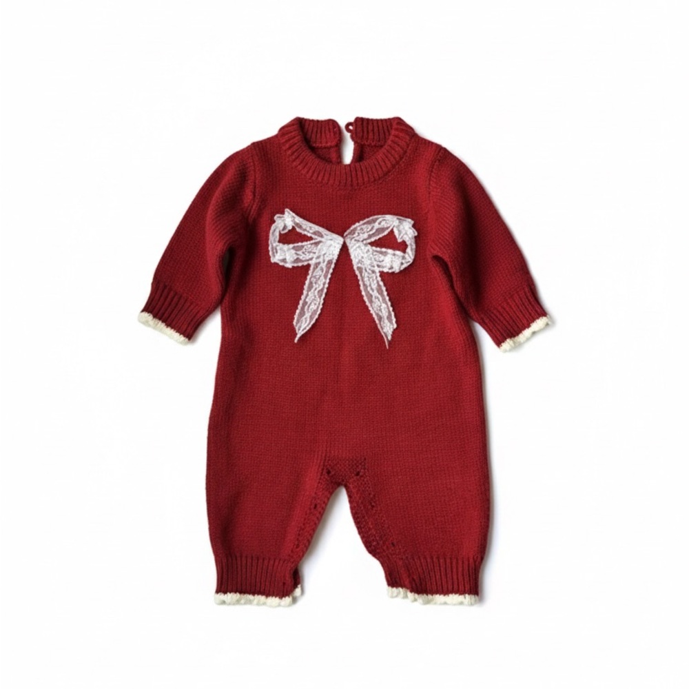 Red Knit Baby One Piece with Bow